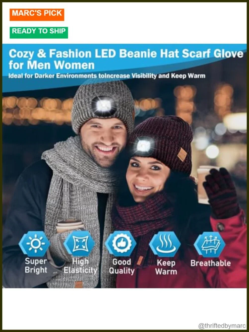 LED Beanie Gloves Scarf Set, Winter Hat with Light, Touchscreen Gloves, 3 in 1